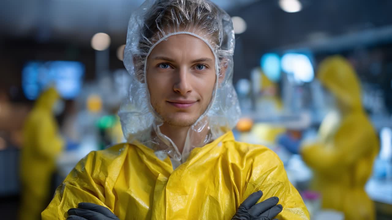 Person in Protective Gear with Yellow Hazmat Suit and Gloves, Displaying Confidence in a Laboratory Setting Amidst Colleagues in the Background