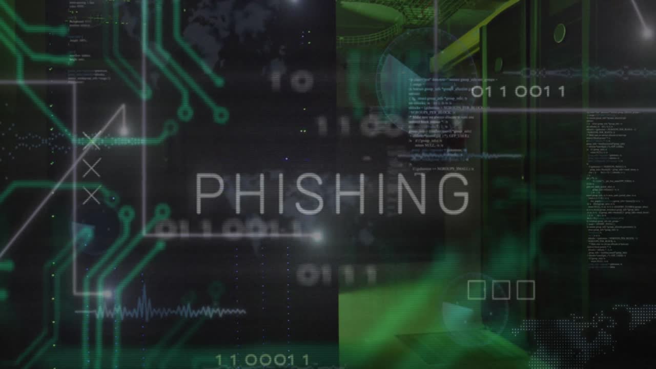 Animazione del testo 'Phishing' e di elaborazione dati su sala server
