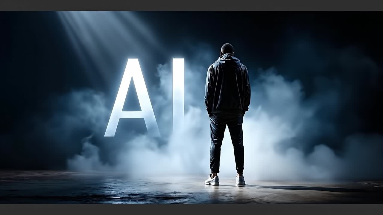 A man standing in front of the word AI in the dark