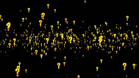 Gold question mark. Abstract background of flying particles. Loop video.