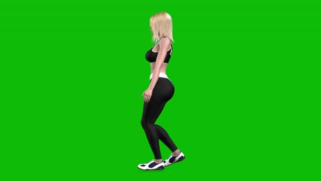 3D-female-athlete-wearing-sports-outfit,-tight-fit-black-sportswear,-happy-walking-on-green-screen,-3D-loop-animation,-side-view