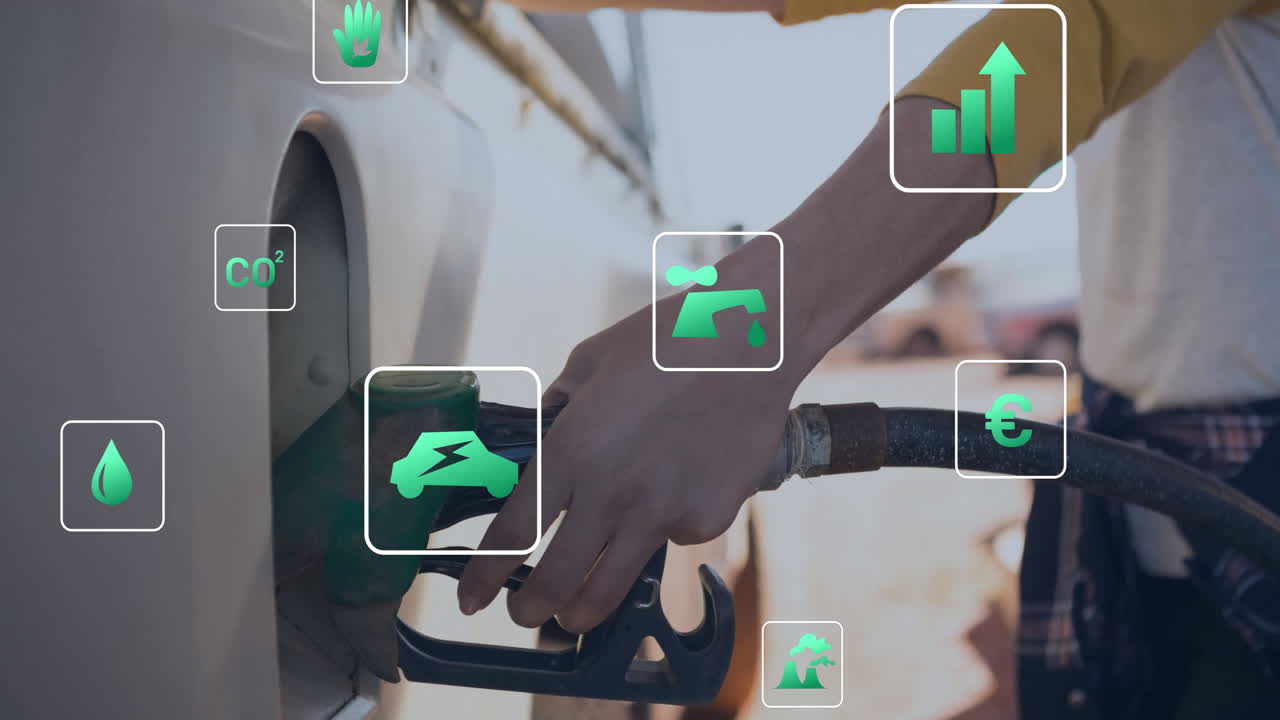 전기 자동차를 충전하는 백인 여성에 대한 생태 아이콘과 데이터 처리의 애니메이션