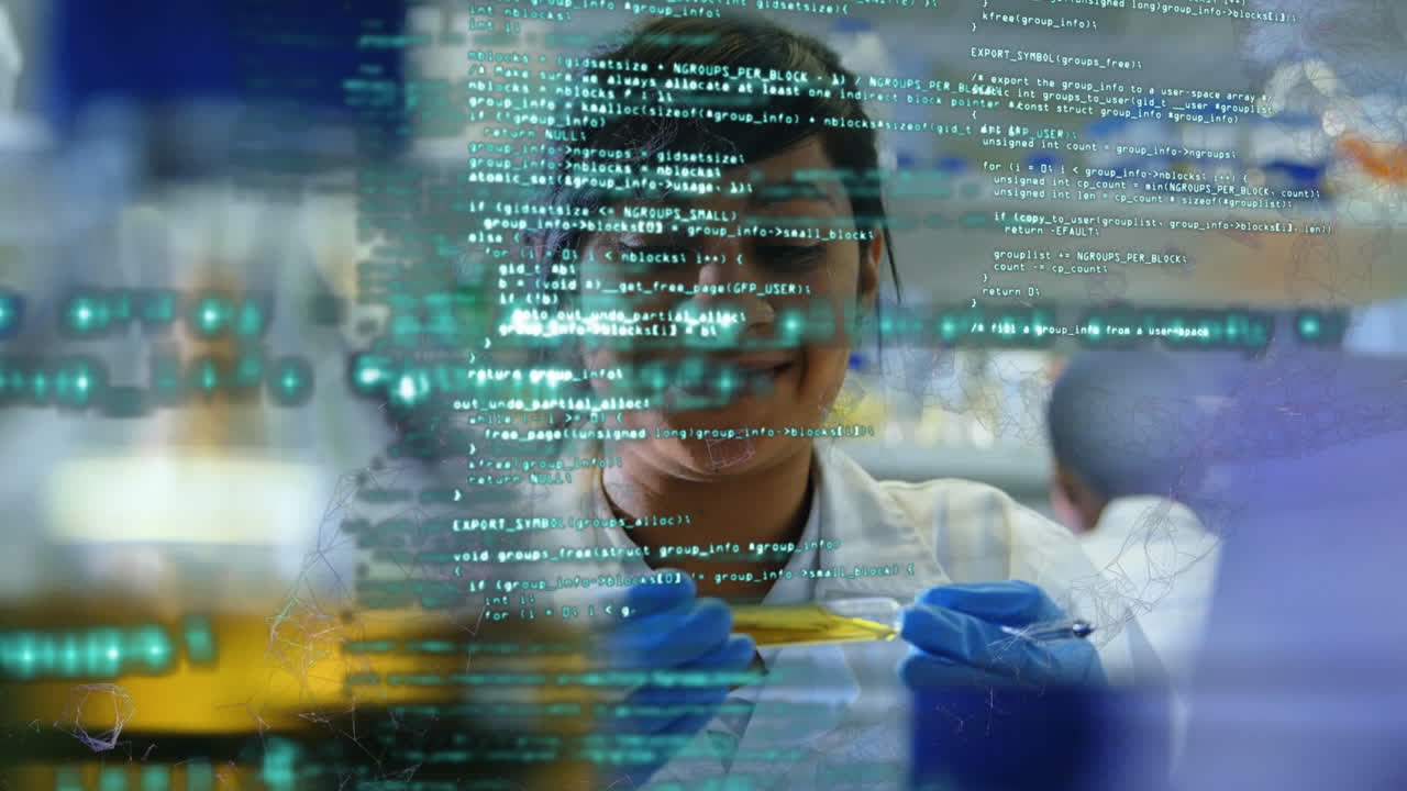 animación del procesamiento de datos contra una científica biracial que trabaja en un laboratorio