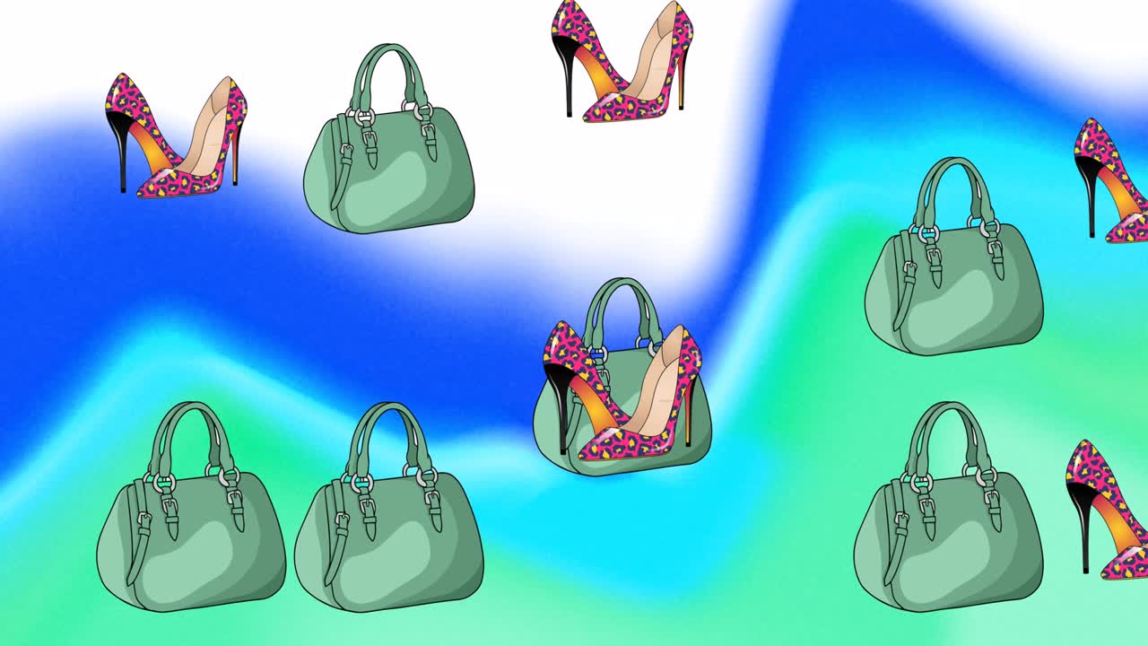 파란색 배경 위에 떨어지는 신발과 가방의 애니메이션