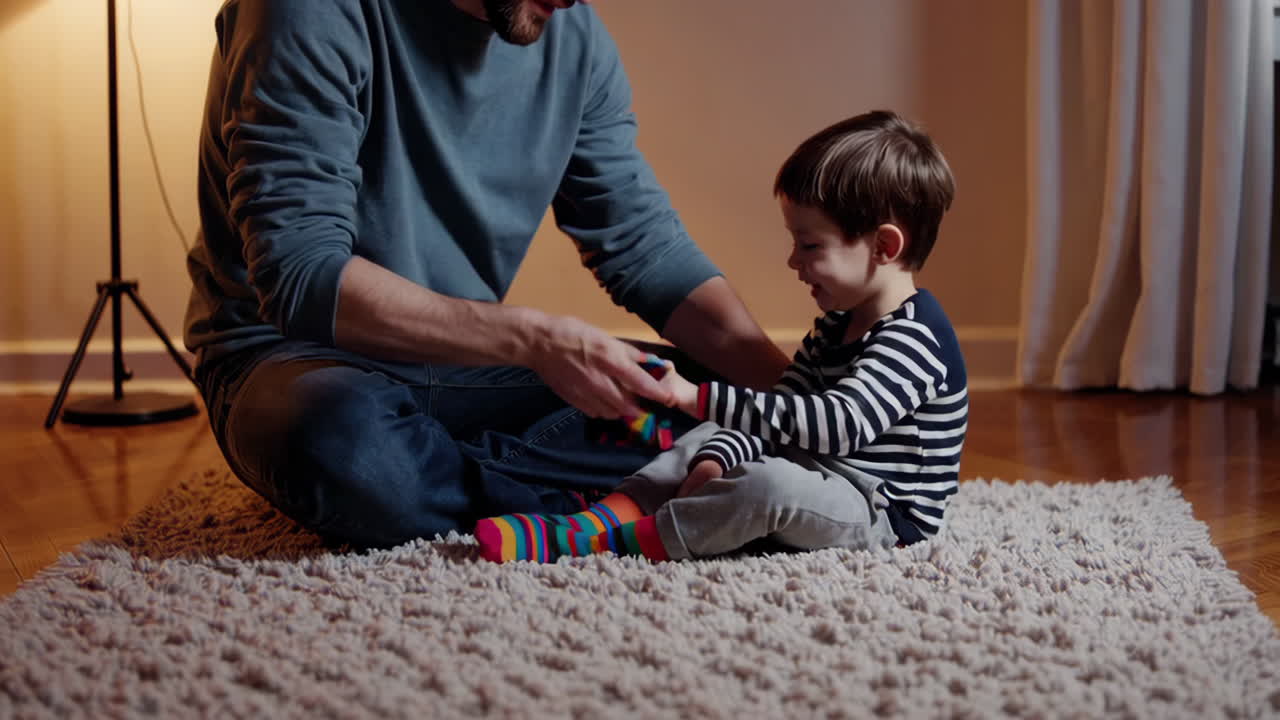 Father and son bonding over colorful socks