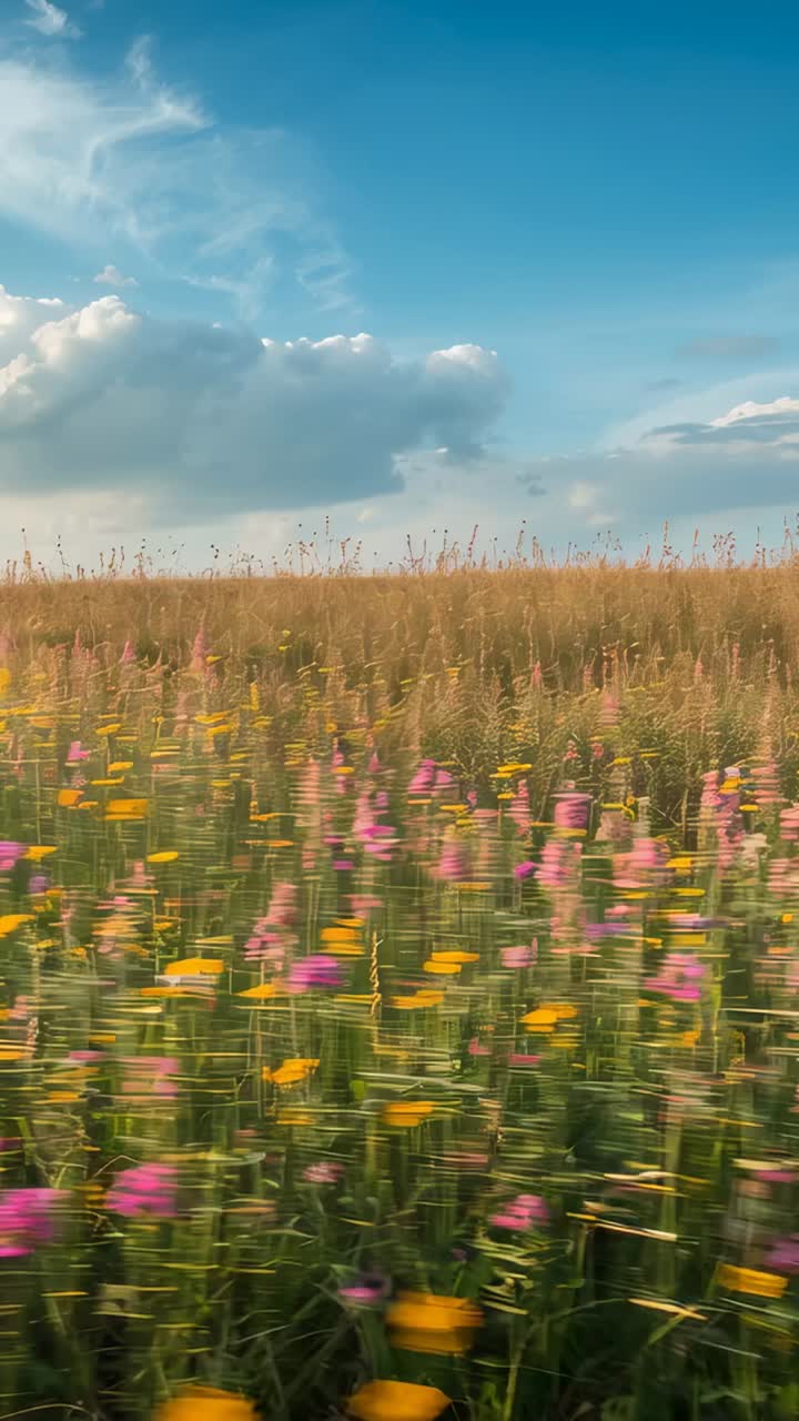 Vídeo vertical: Câmera deslizando para frente, começando de um ângulo baixo através do prado, capturando flores cor-de-rosa.