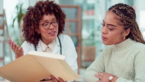 Woman-doctor-consulting-patient-with-document