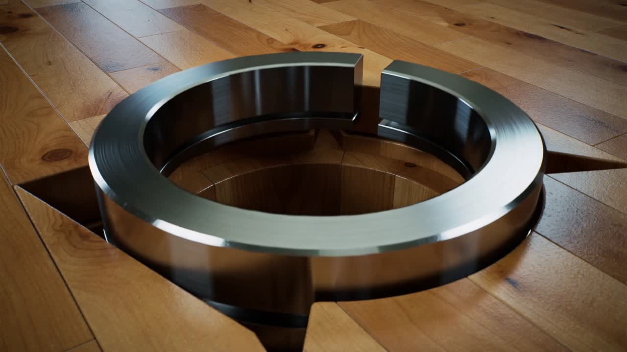 Sænkende segmenteret metalring falder ned, roterer og justerer sig med en stjerneudskæring på et trægulv.