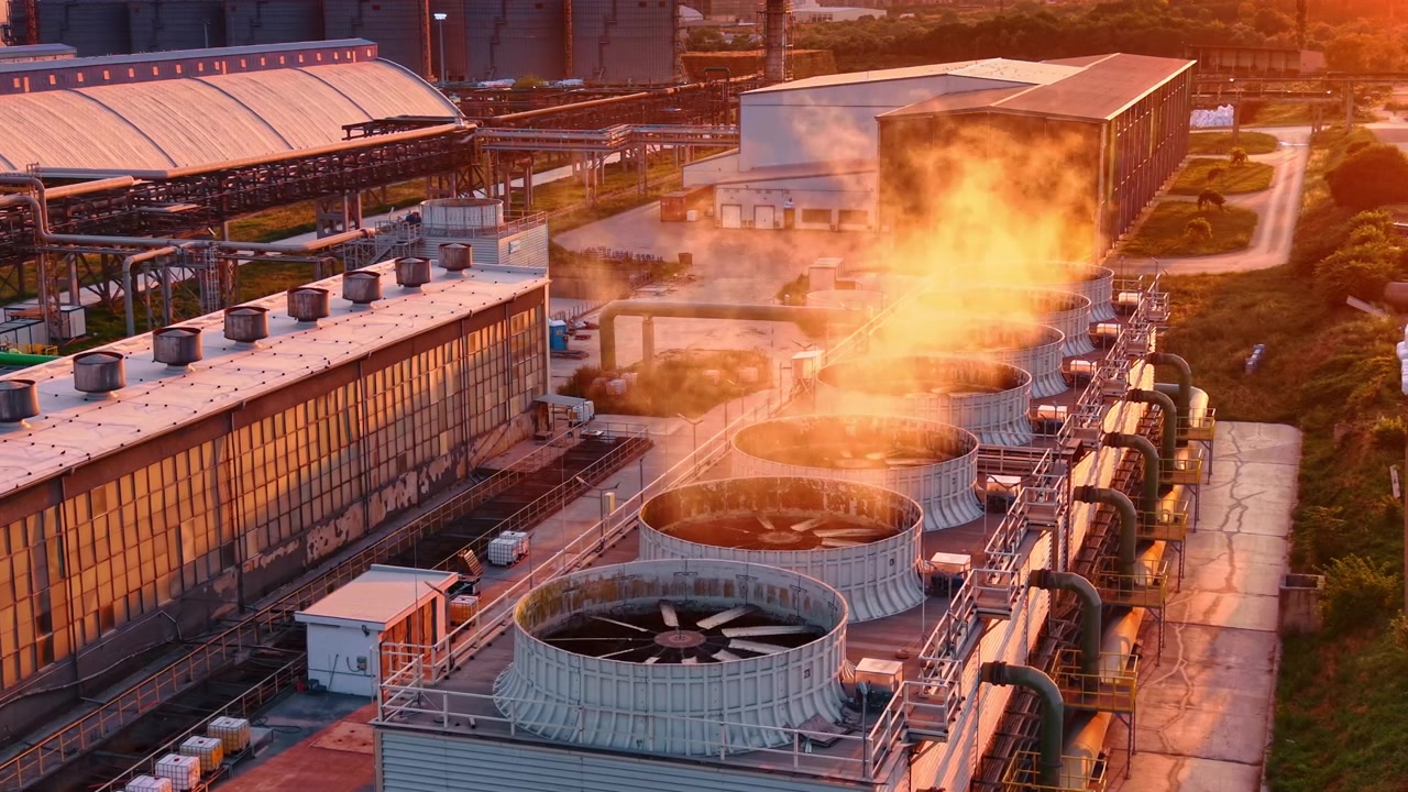 Torri di raffreddamento che emettono vapore al tramonto. Unità di ventilazione circolari rilasciano vapore bianco in un impianto industriale sotto una calda illuminazione serale.