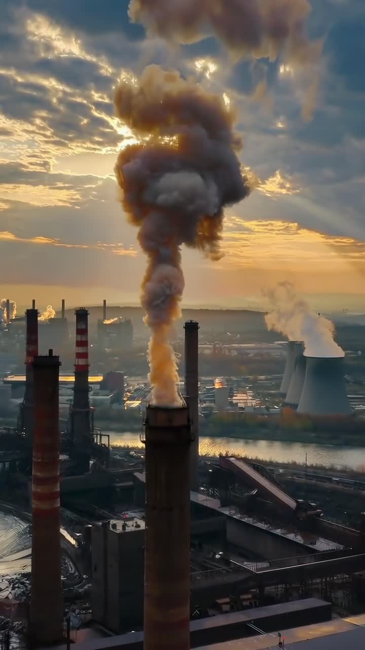 Aerial video of an industrial landscape at sunset, capturing smoke rising from chimneys