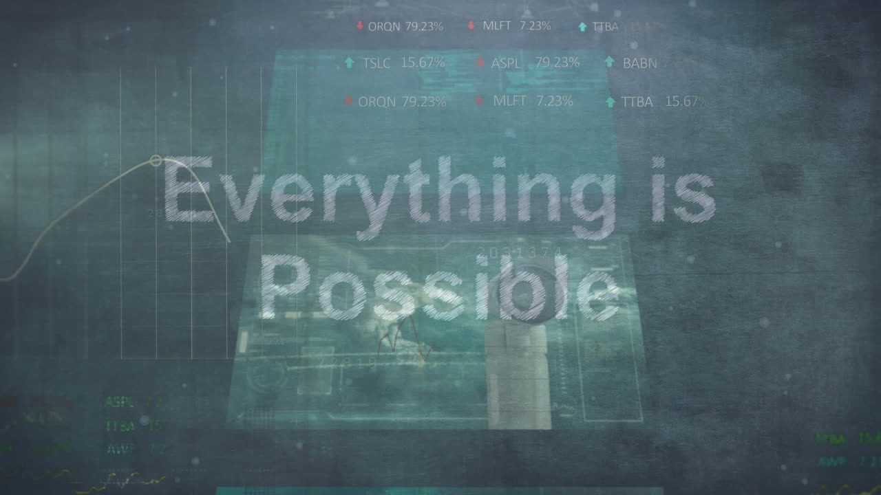 Animation of everything is possible text over screens with data processing against grey background