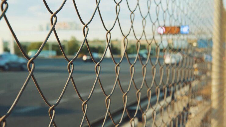 Autostrada trafficata sfocata con recinzione a catena metallica dopo il lockdown per il coronavirus.