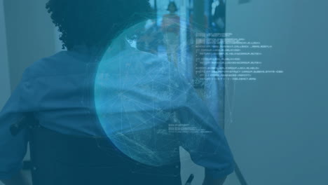 person in wheelchair with digital globe and data overlay animation