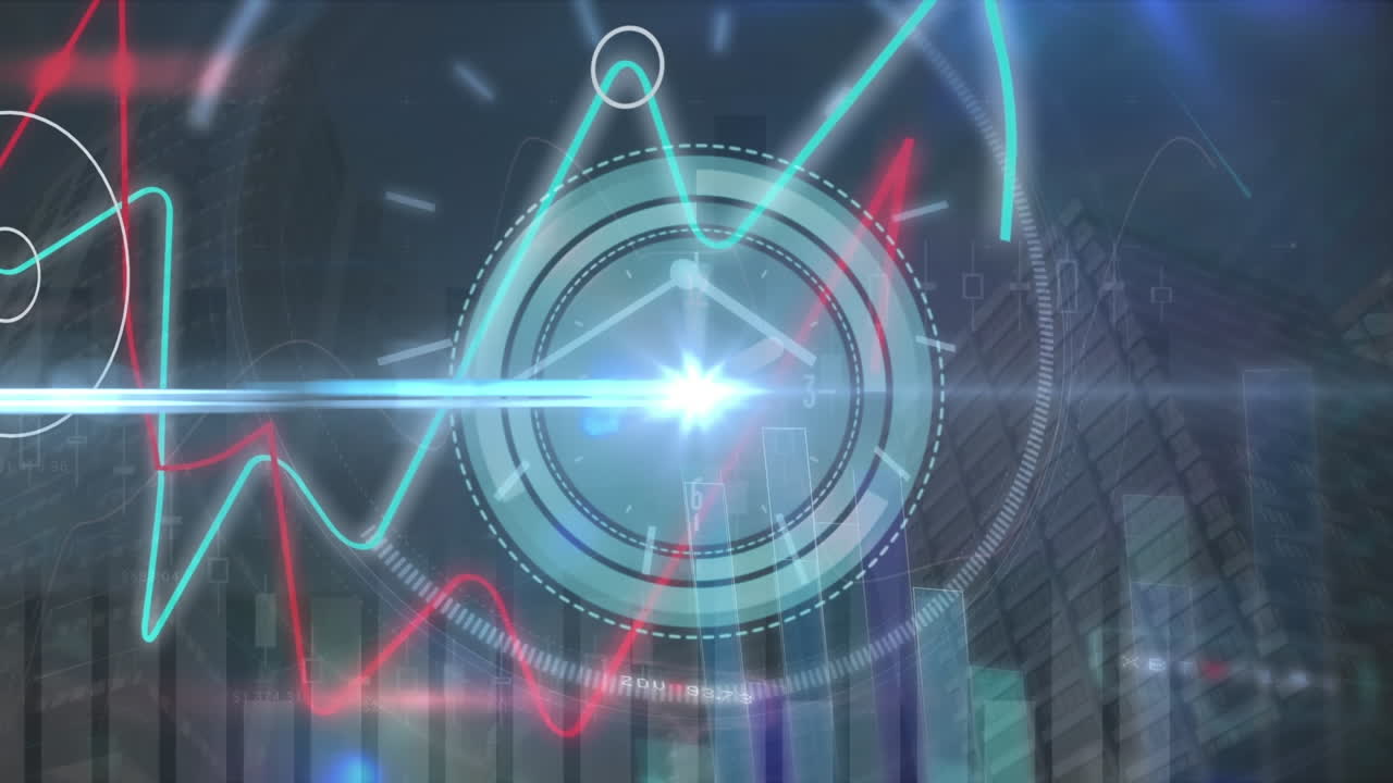 animación del procesamiento de datos y movimiento del reloj sobre la sala del servidor