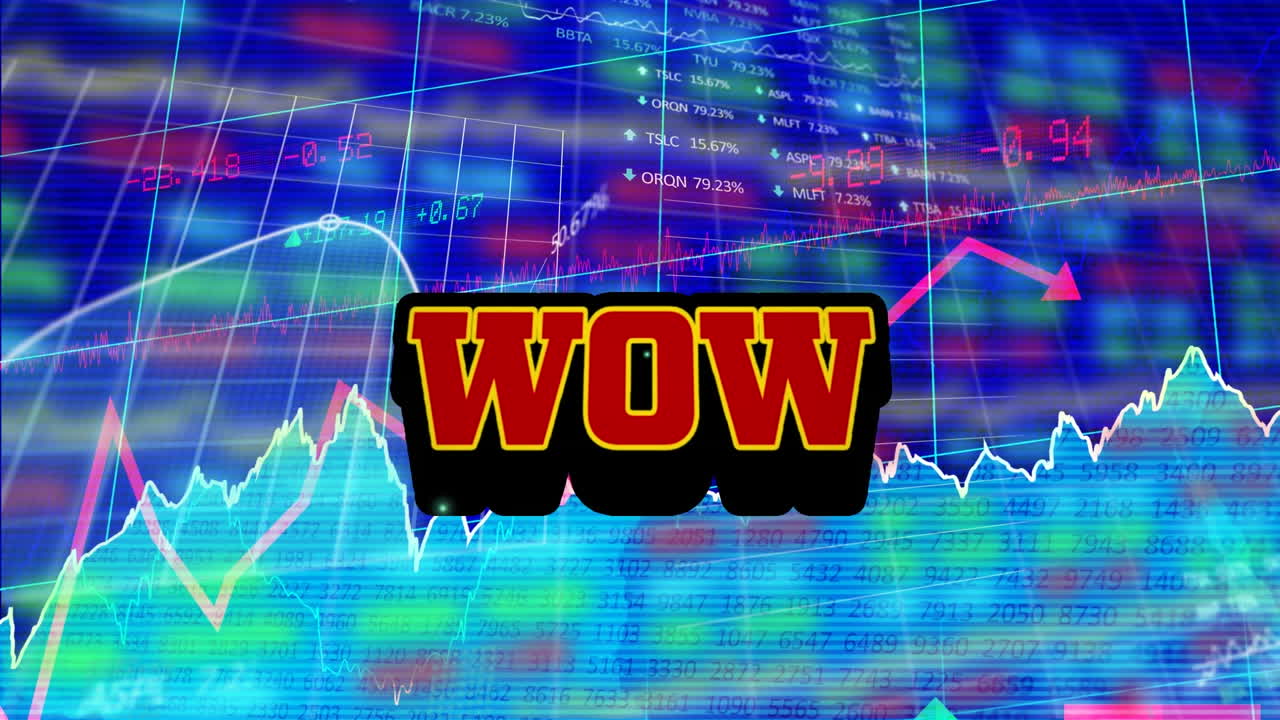 Animation of wow text, statistics and financial data processing over grid