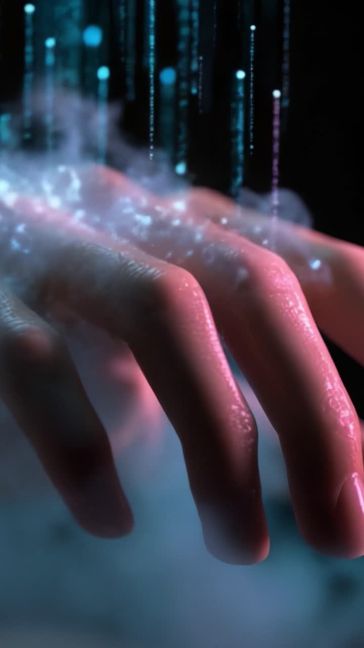 A mesmerizing close-up of a hand emerging from mist, surrounded by ethereal blue droplets, capturing a surreal blend of beauty and technology in a digital world