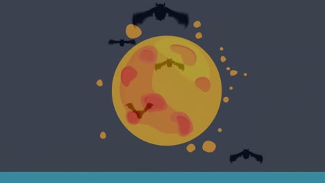 Animation-Mehrerer-Fledermäuse,-Die-über-Den-Orangefarbenen-Mond-Auf-Grauem-Hintergrund-Fliegen