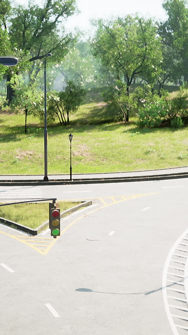 una intersección vacía con un semáforo verde, rodeada de árboles