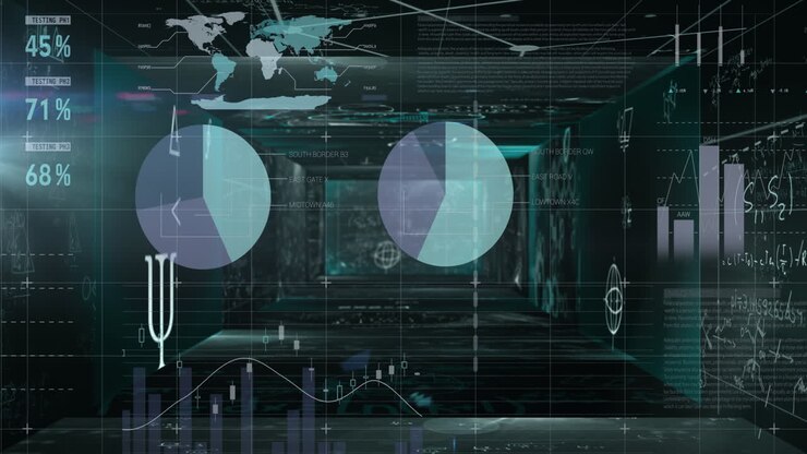 Mathematical equations floating against statistical data processing against black background