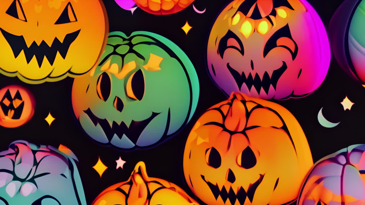 Colorful Jack-o'-Lanterns and Stars on Black Background