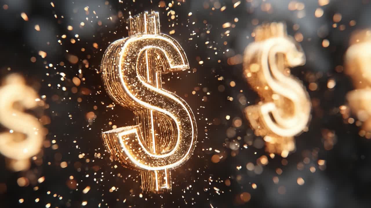 Golden dollar signs with glowing edges floating and rotating slowly in a dark, glittering environment, representing concepts of wealth, success, finance, and the global economy