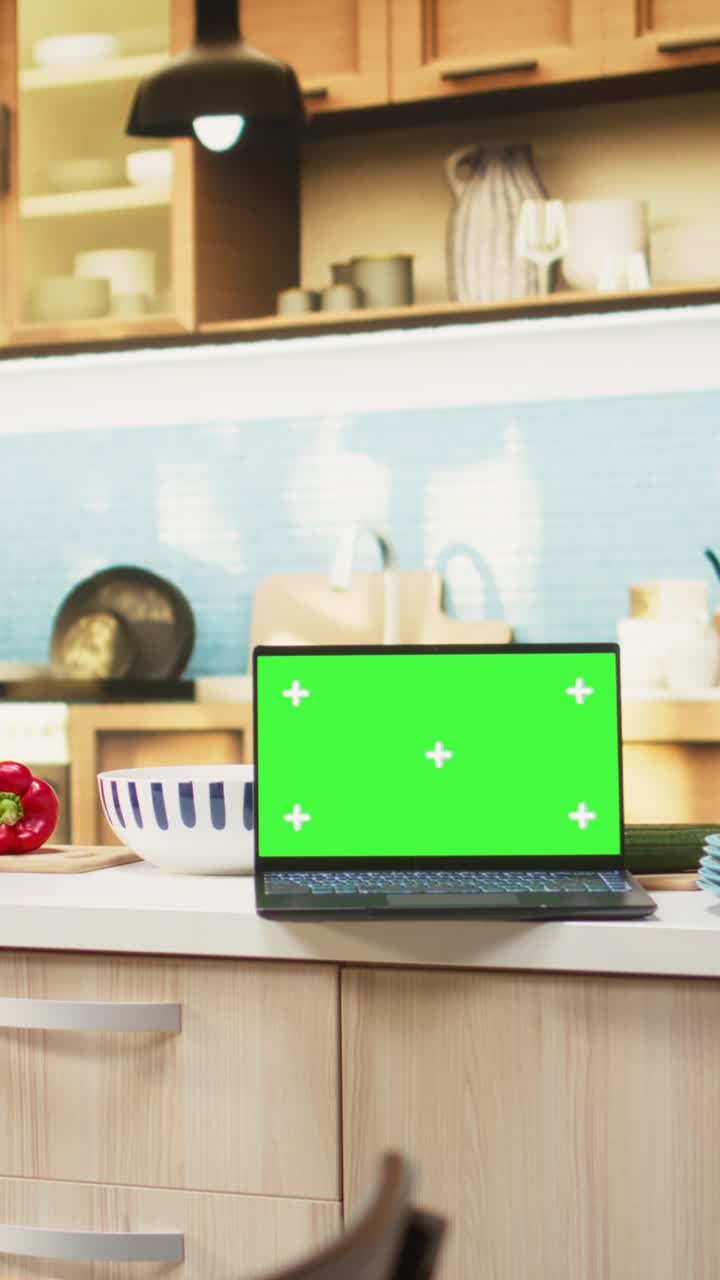 Vertical Video Green screen on laptop in the kitchen with rustic counter and elegant lighting