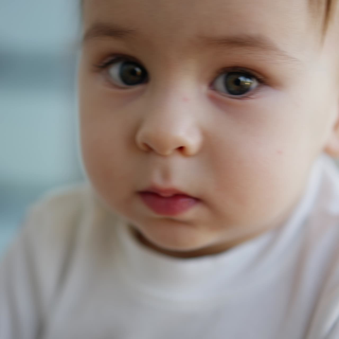 Calm peaceful adorable baby boy wearing white shirt. Close up portrait of a beautiful Caucasian baby at blurred backdrop