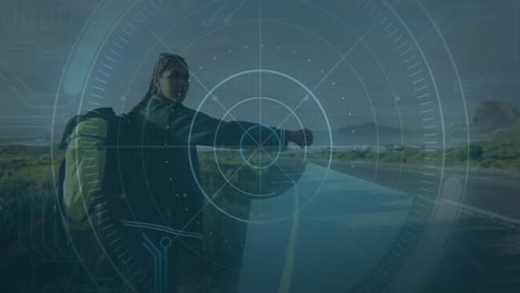 animation of scope scanning with data processing over biracial woman running hitchhiking