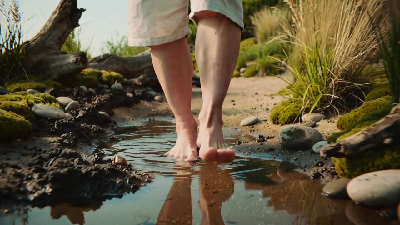 Pressing toes into puddle, barefoot walker in cropped pants wading along shore, leaving reflections