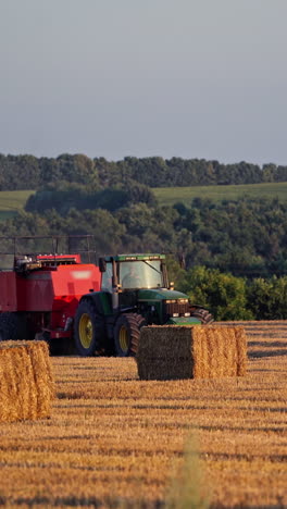 haystacks on the field and tractor working on the natural green background. dry straw pressed into square bales by agricultural tractor. tractor pressing grass for livestock in summer. vertical video