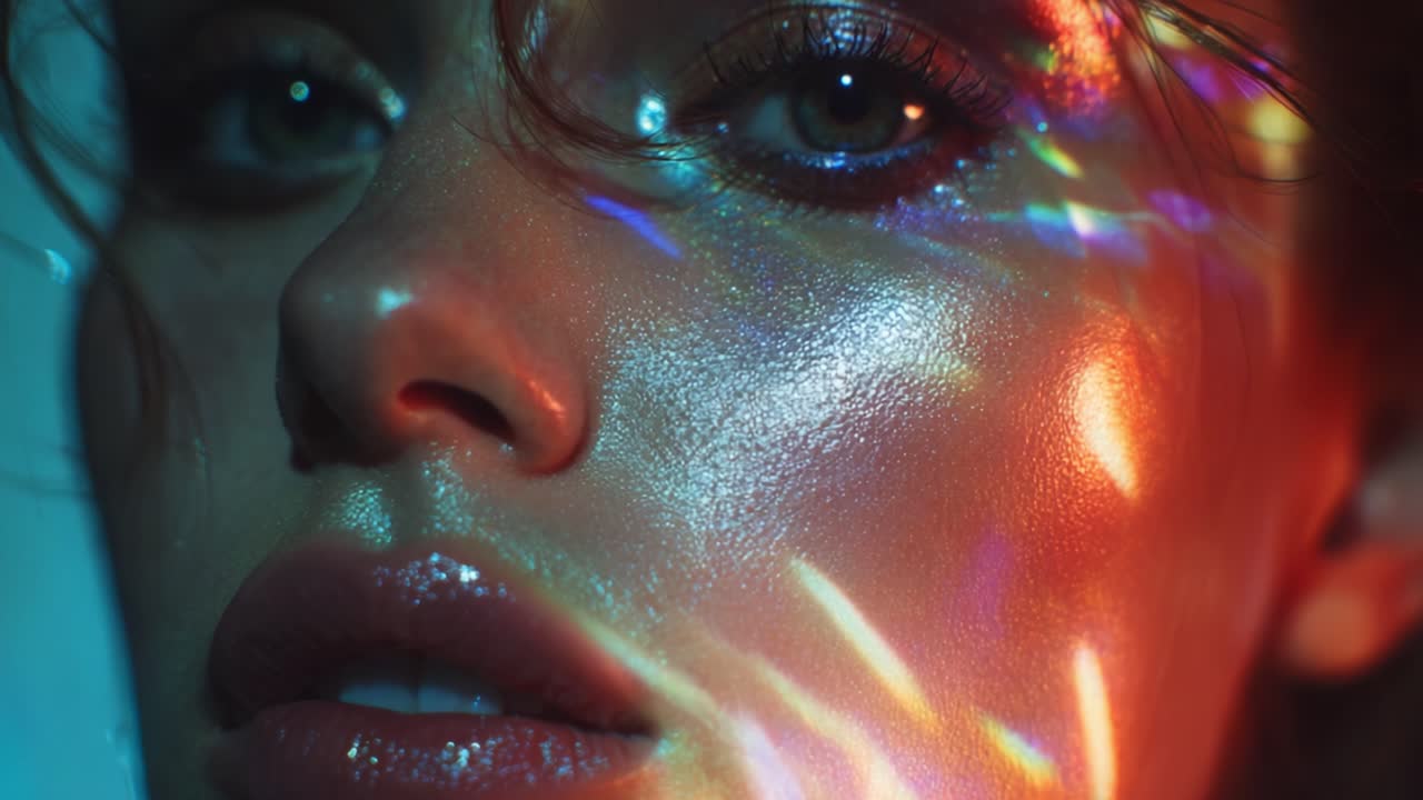 A Stunning Close-Up of a Person's Face Illuminated by Colorful Reflections and a Glimmering Glow, Capturing the Intricacies of Beauty and Light in a Striking Portrait Photograph