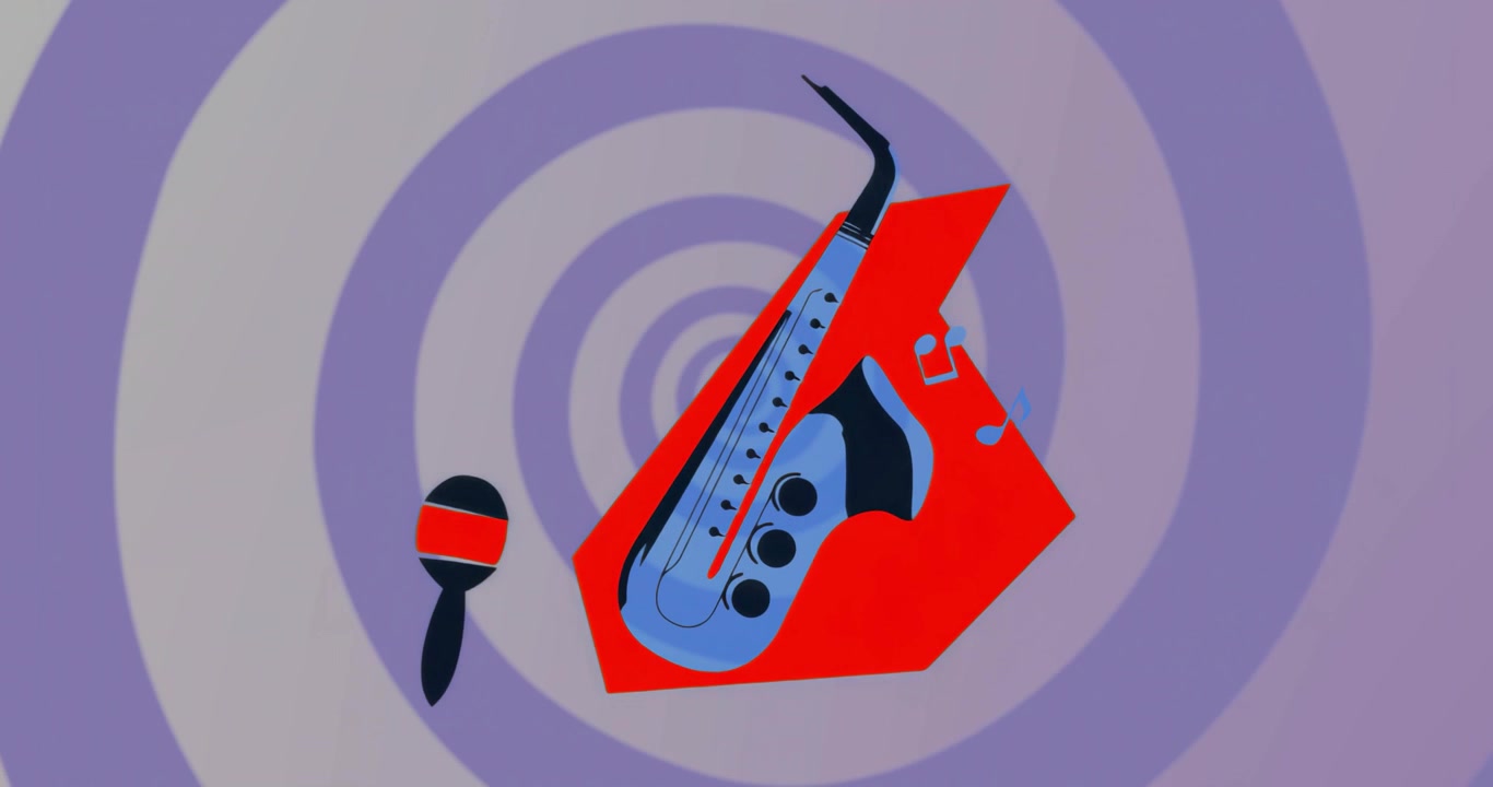 Grafica con un sassofono in una forma rossa, con una maraca e una nota fluttuante su uno sfondo di anelli concentrici.