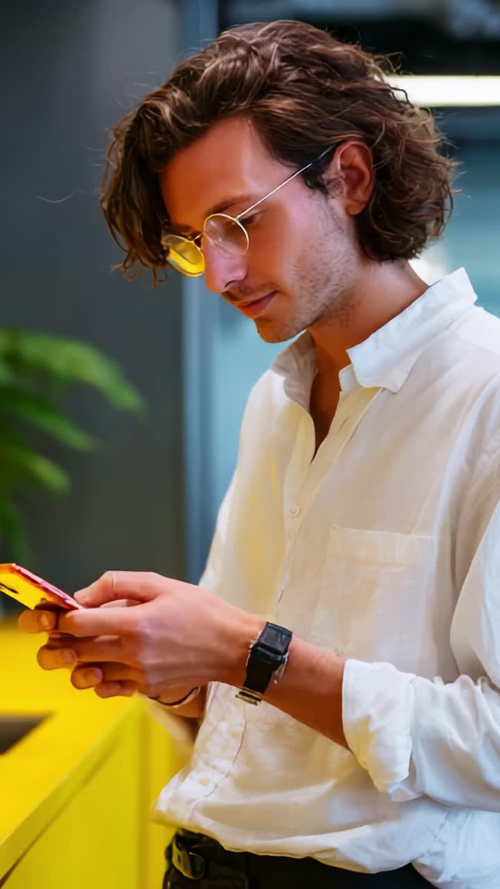 A Young Man Concentrating on His Smartphone in a Modern, Stylish Environment, Showcasing the Blend of Technology and Contemporary Design Elements in a Bright, Inviting Space