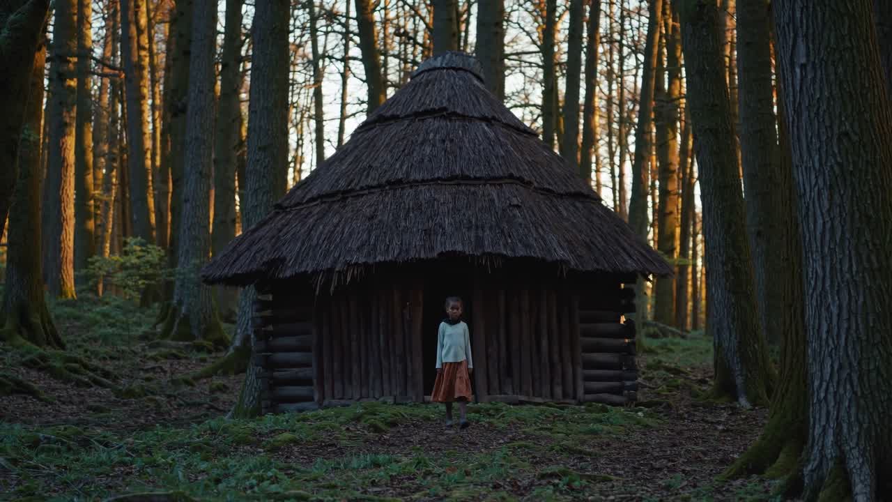 Little girl is standing in front of a small wooden hut with a thatched roof in a forest, illuminated by the warm light of the setting sun, creating a peaceful and evocative scene