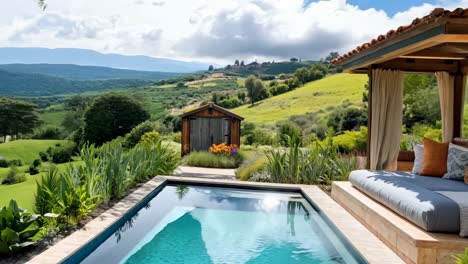 a pool with a couch and a gazebo next to it