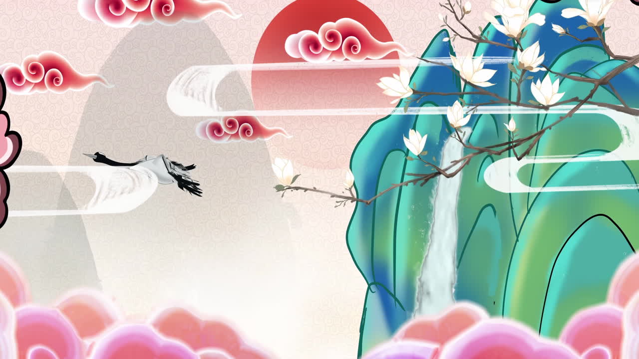 아름다운 아침 하늘, 산, 꽃, 호수, 고대 집의 환상적인 밝은 분위기 풍경, 간단한 애니메이션과 함께 일본어 중국 애니메이션 수채화 스타일