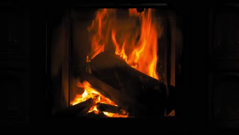 macro of blazing fire on the burning woods inside the fireplace