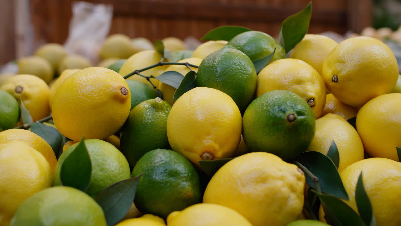Limoni e lime freschi ammassati in un espositore del mercato contadino, bucce lucide gialle e verdi, foglie sparse.