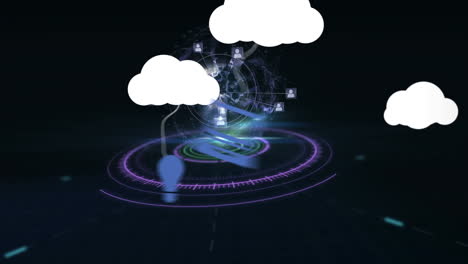 animation of clouds with icons over globe