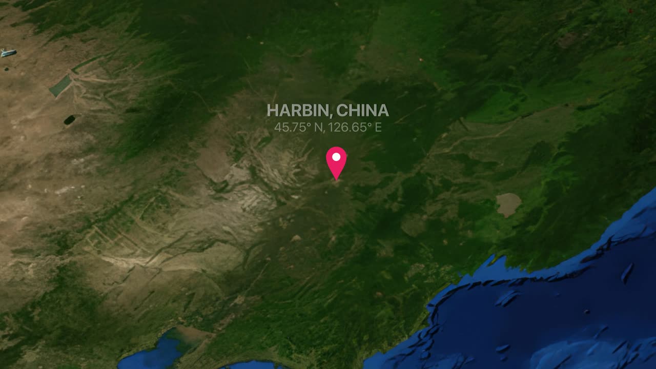 Satellite world map zooms into Harbin China with a red pin and geographic coordinates