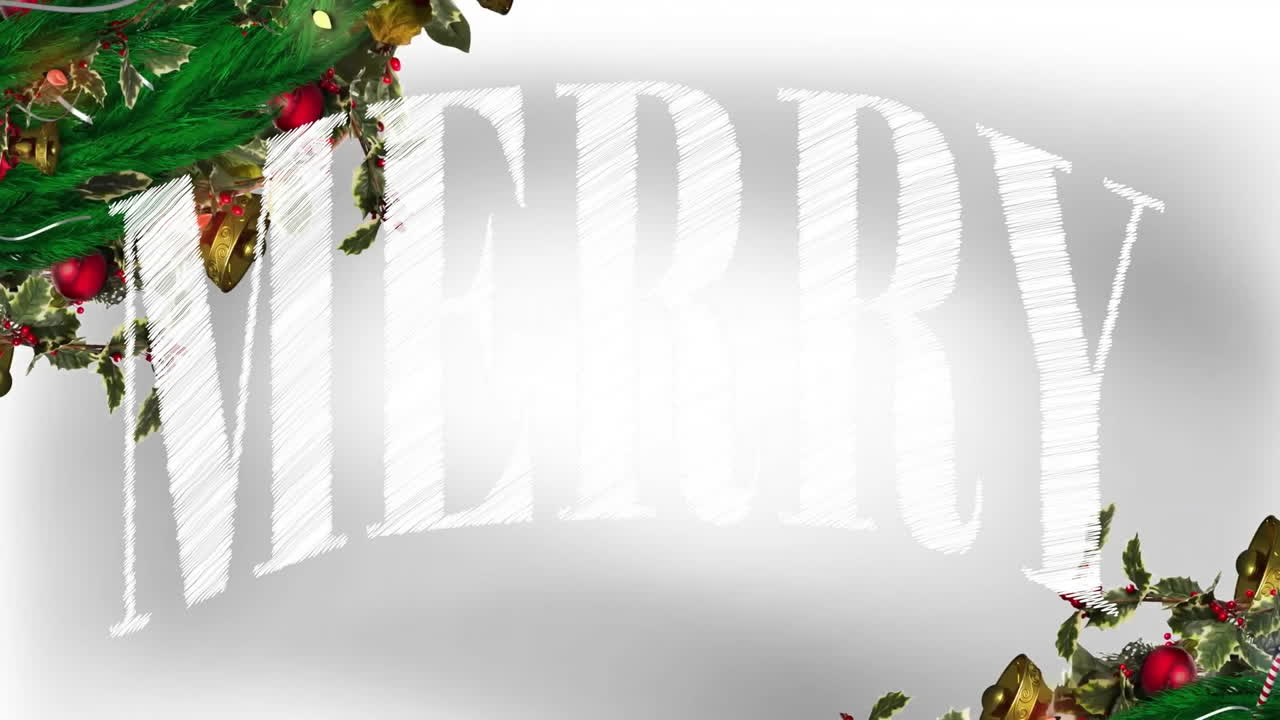 Animation of merry text over christmas decorations on white background