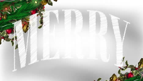 animation of merry text over christmas decorations on white background