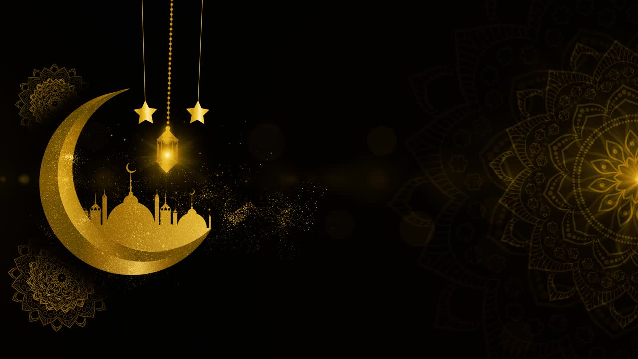 color oro eid al adha mubarak y linternas tradicionales ramadán islámico con partículas y fondo de iluminación