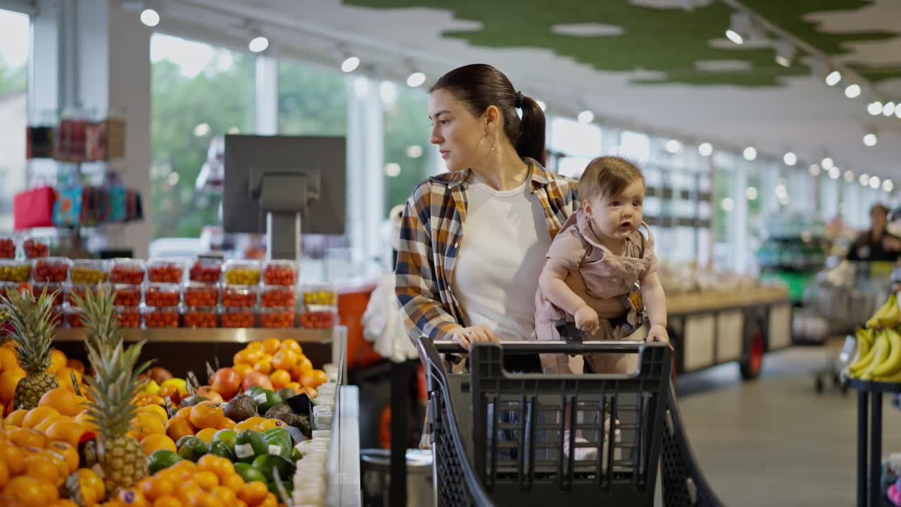 A brunette girl in a plaid shirt holds her little daughter in her arms and pushes a cart in a supermarket while shopping