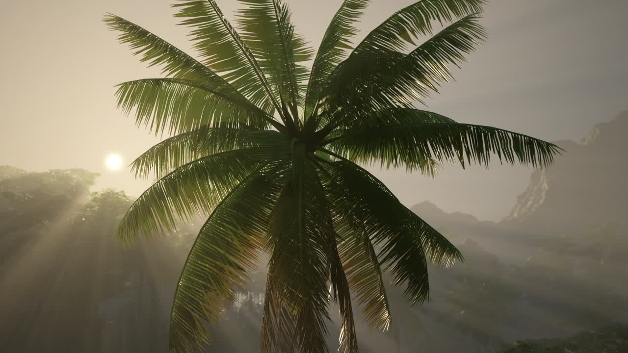 해가 지는 열대 섬 의  나무