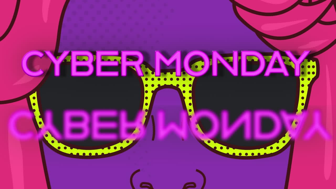 Animation af Cyber Monday-tekst over et retro tegneserieansigt med solbriller
