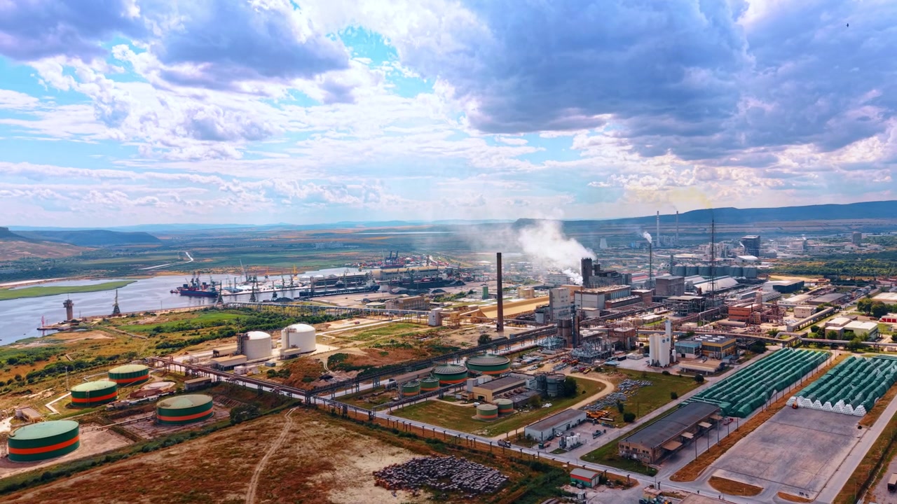 Industrial port and factory complex at Varna West, Bulgaria. Aerial panorama shows storage tanks, pipelines, smokestacks and harbor cranes beneath layered clouds.