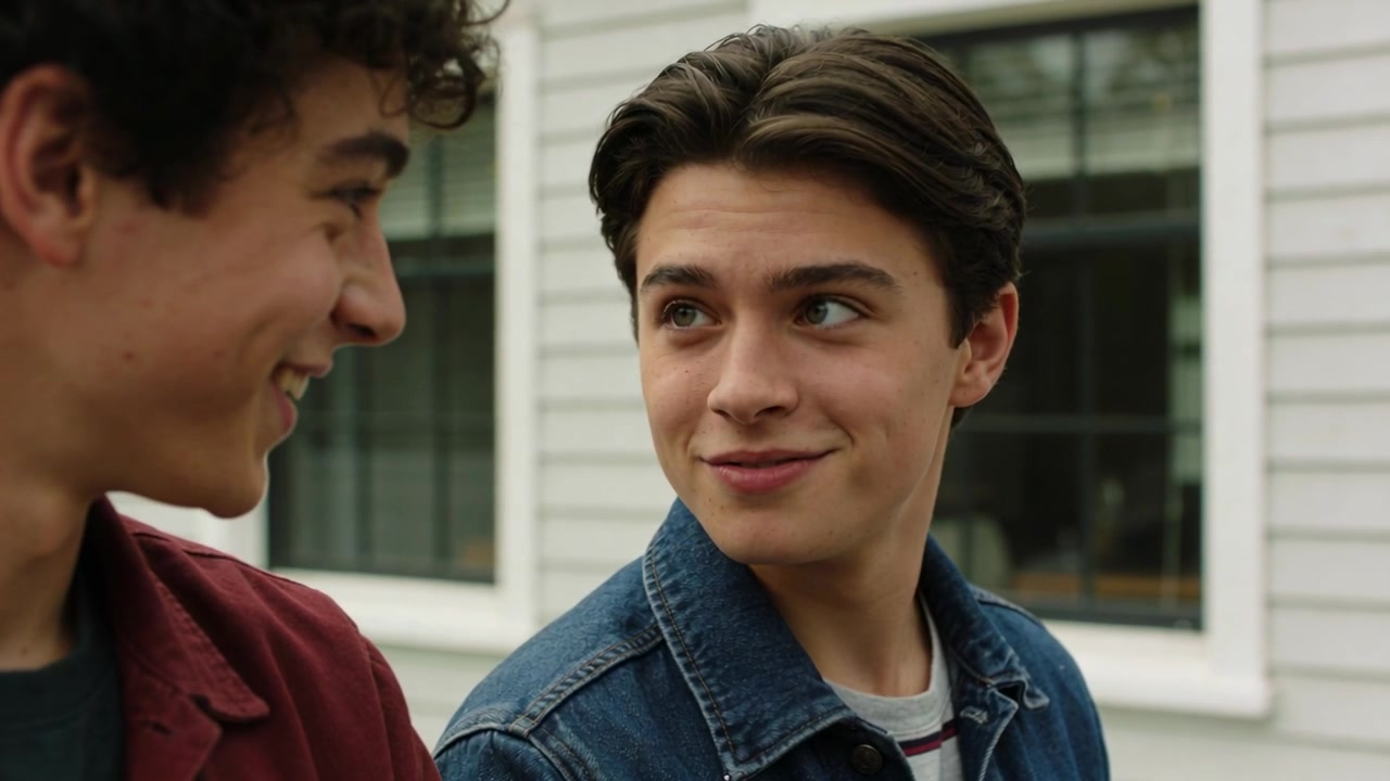 Un adolescente maschio che fa l'occhiolino con l'occhio destro e condivide un sorriso con un amico davanti a un rivestimento bianco a scandole, indossando denim e bordeaux.