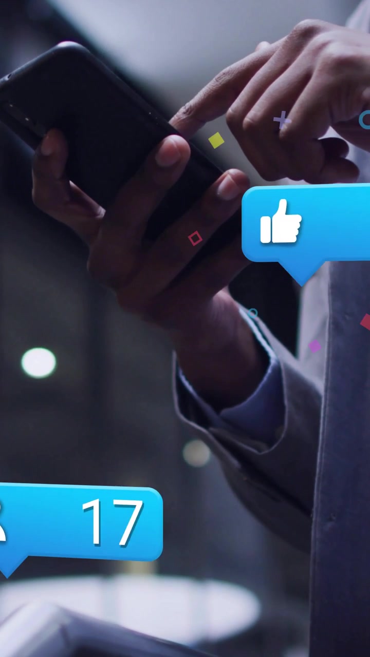 Vertical video: Man tapping phone in lobby causing badges to pop and update social counts for ads