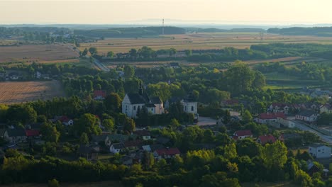 Aerial view of Kije village and Church of Saints Peter and Paul, Poland